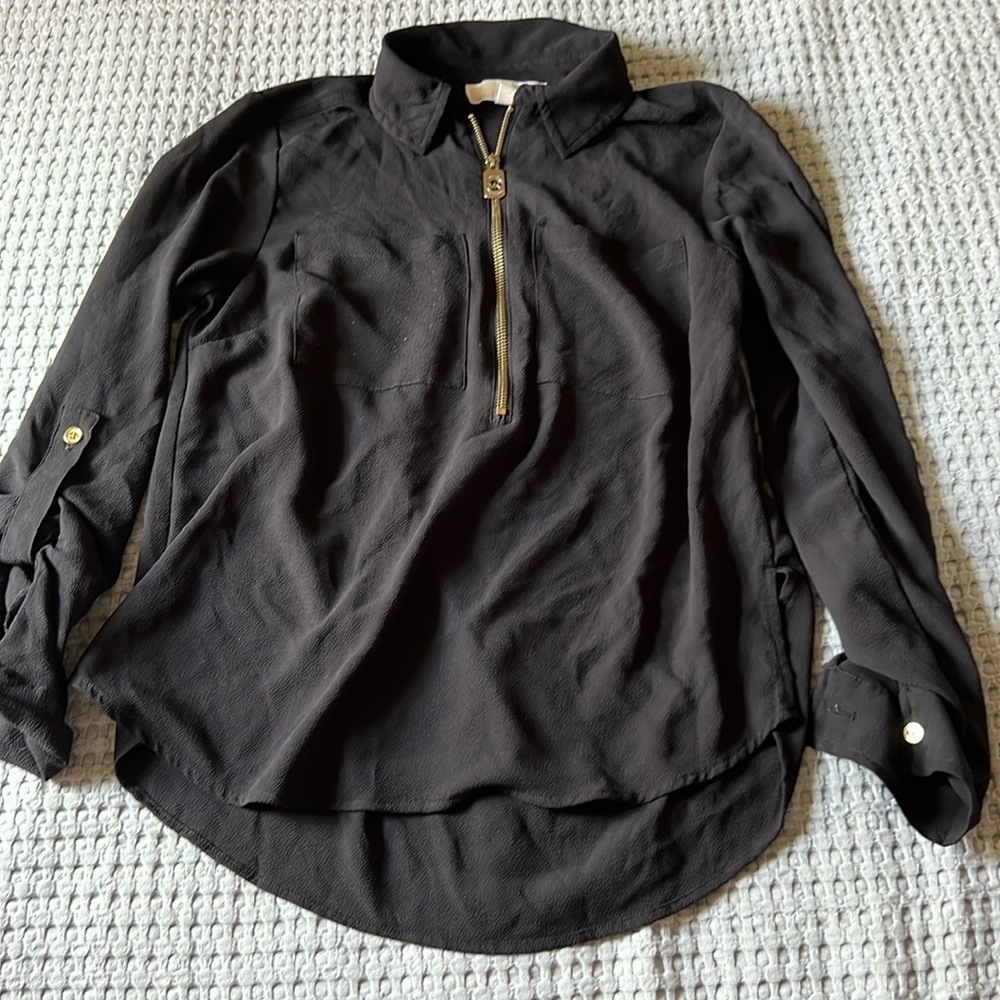 Michael Kors Black Front Half Zip Blouse